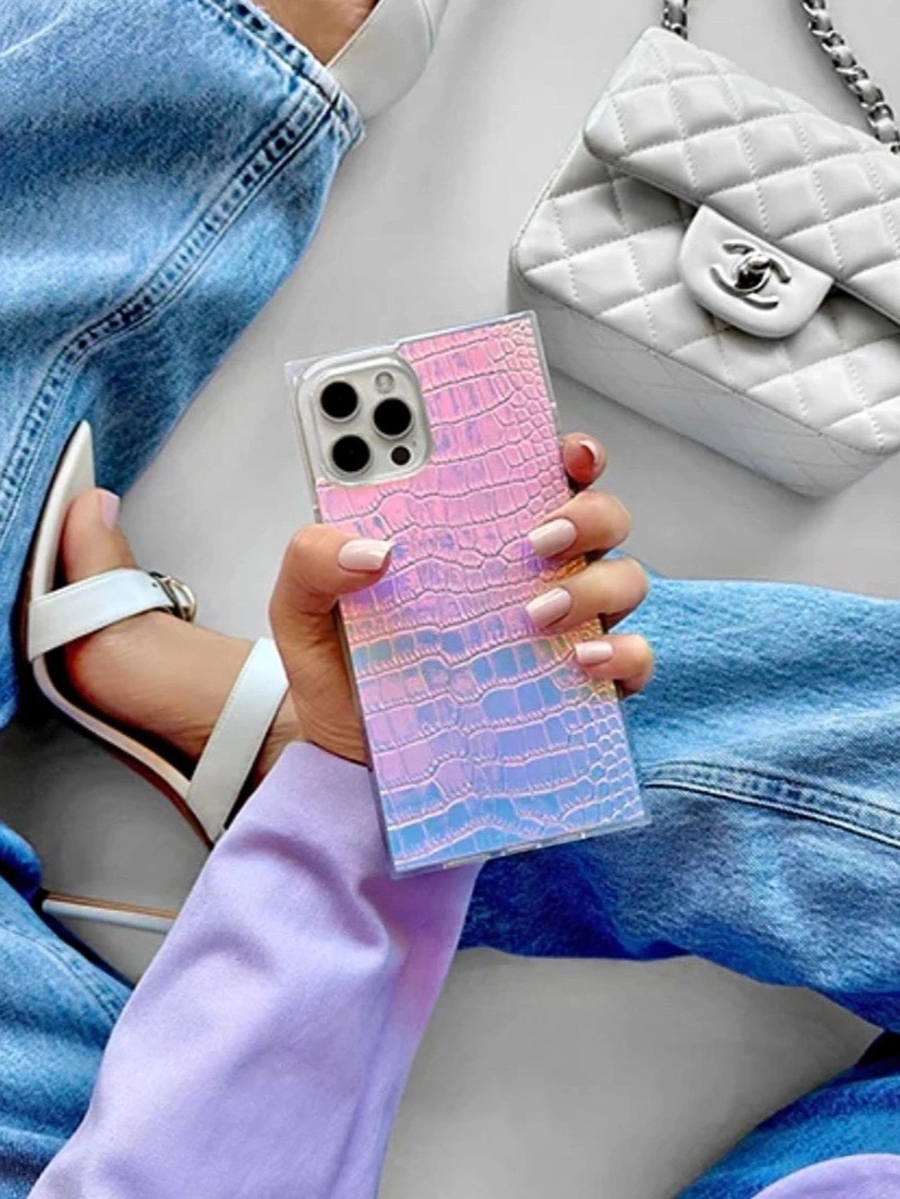 FLAUNT I PHONE 16 plus Iridescent Crocodile-Print cell Phone Case in Blue & Pink